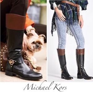 Michael Kors Fulton Harness Black Brown Knee High Leather Riding Boots